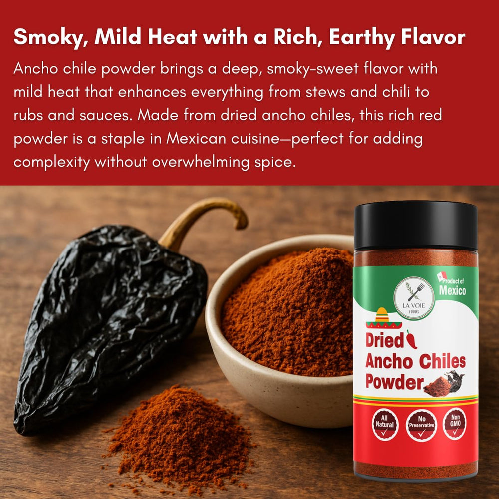LA VOIE FOODS Ancho Powder versatile – ideal for dry rubs, marinades, and seasonings.