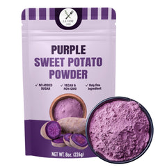 La Voie Foods purple sweet potato powder bag shows vibrant color for smoothies.