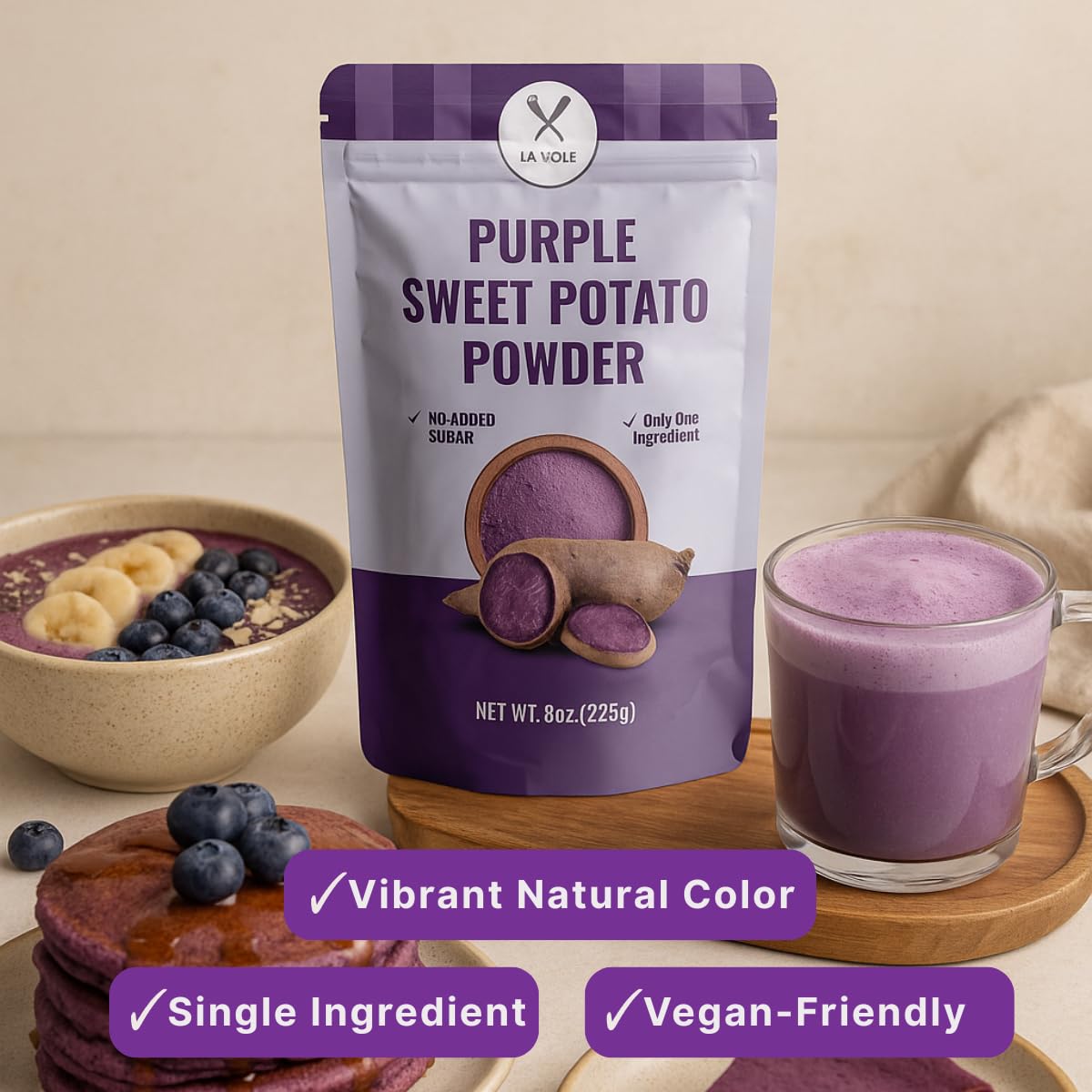 La Voie Foods purple powder enhances smoothies with natural color.