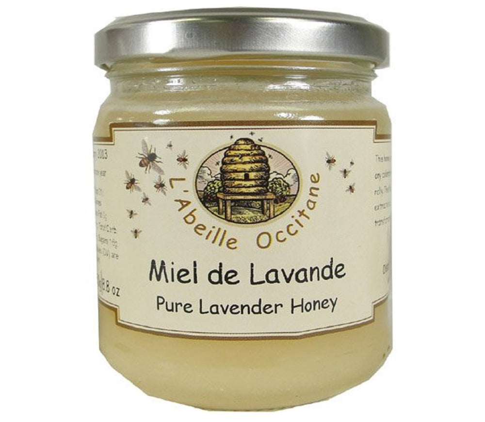 L'Abeille Occitane Lavender Honey jar with amber color and crystallized texture.