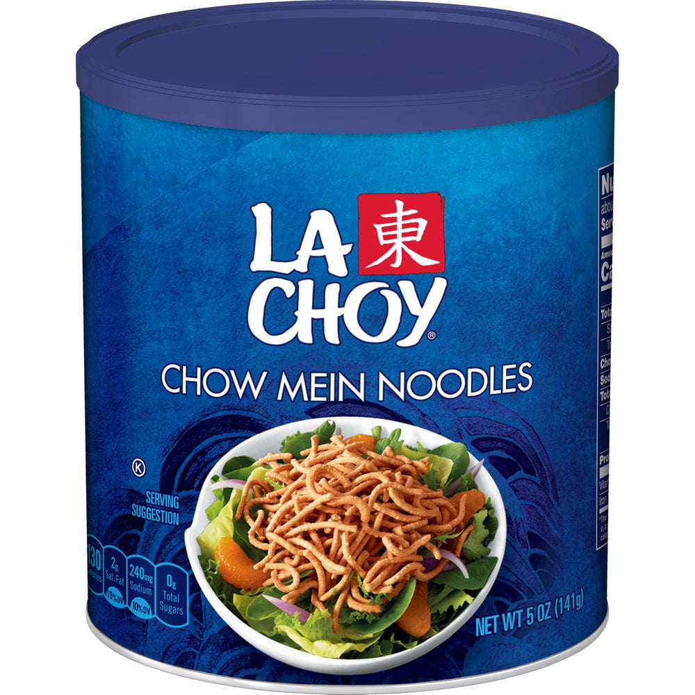 La Choy Chow Mein Noodles can and bowl show quick-crunch texture for meals.