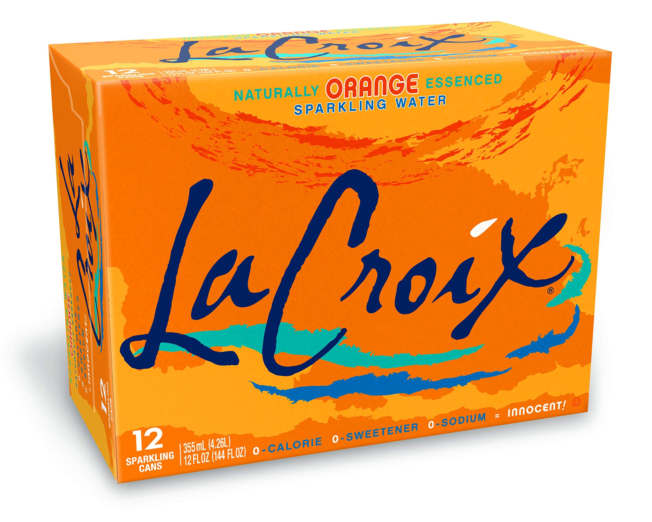 La Croix Orange sparkling water 12oz pack bottles – refreshing zero-calorie citrus hydration.