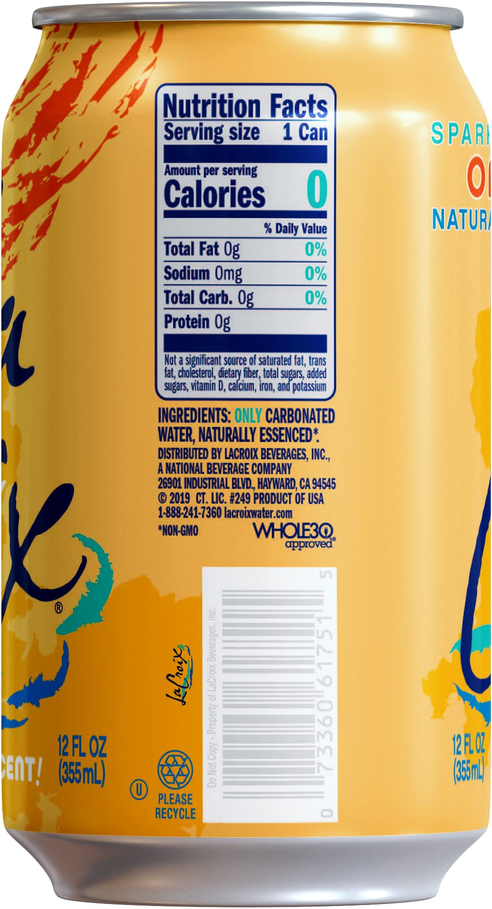 La Croix Orange can front view highlighting natural essence flavors and zero calories