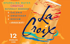 La Croix Orange sparkling water bottle label close-up – natural orange essence on the can.