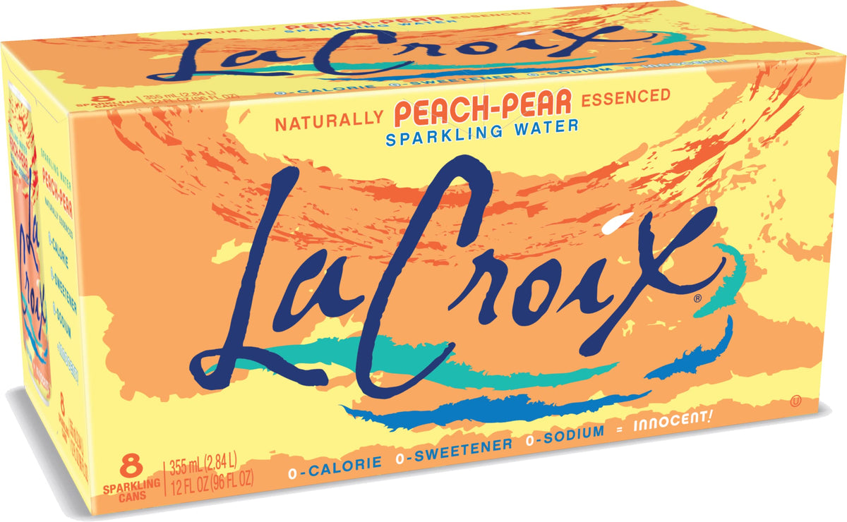 LaCroix Peach Pear can 8-pack with bright bubbles for a zero-calorie refreshment.