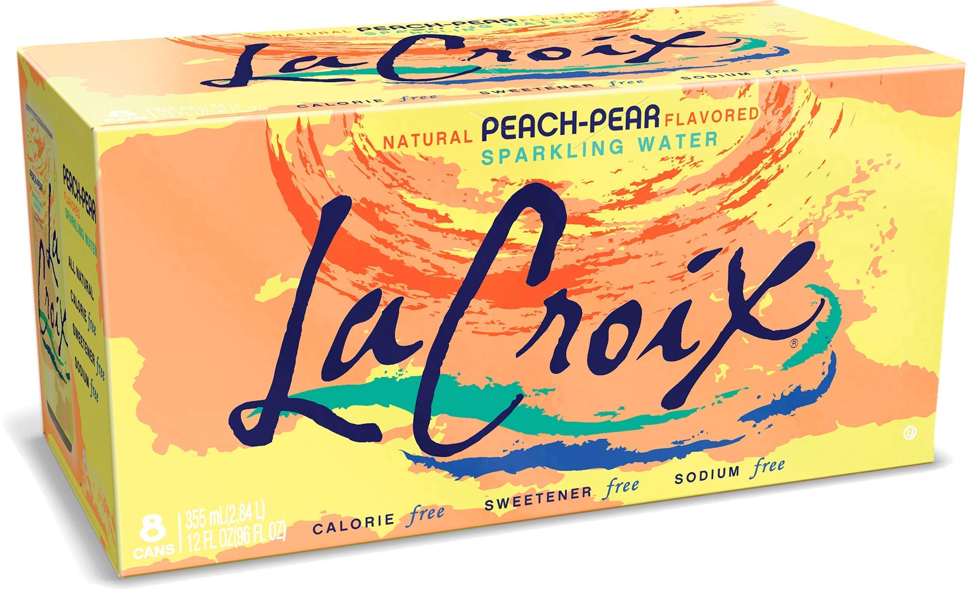 LaCroix Peach Pear label detail emphasizes natural essences and non-GMO claims.