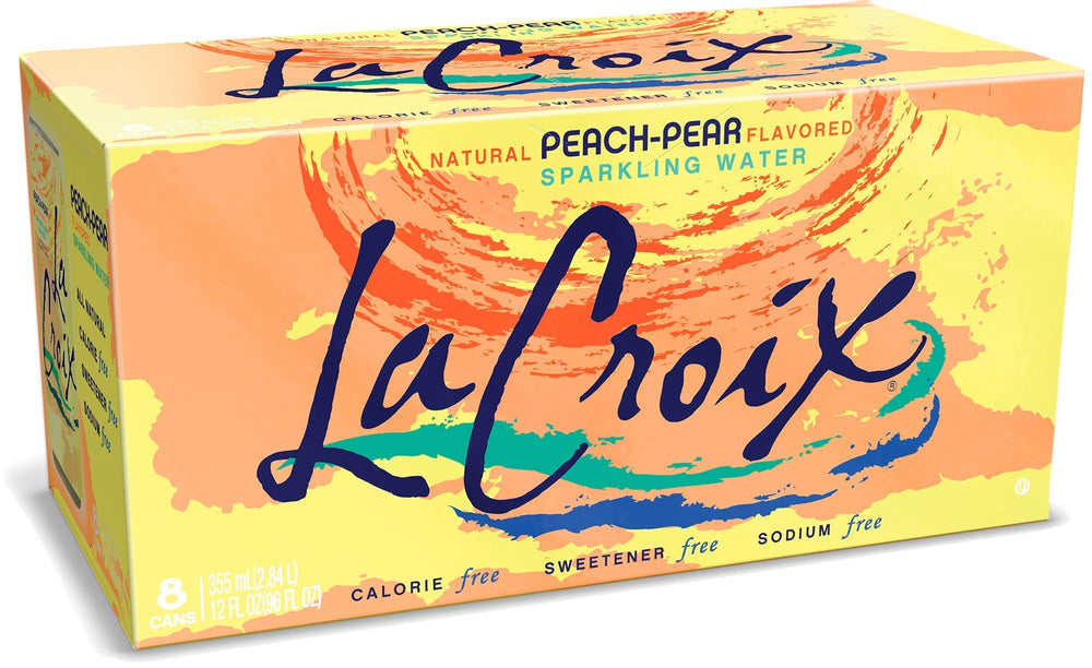 LaCroix Peach Pear label detail emphasizes natural essences and non-GMO claims.