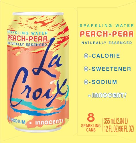 LaCroix Peach Pear 8-pack packaging highlights zero calories and convenient on-the-go refreshment.