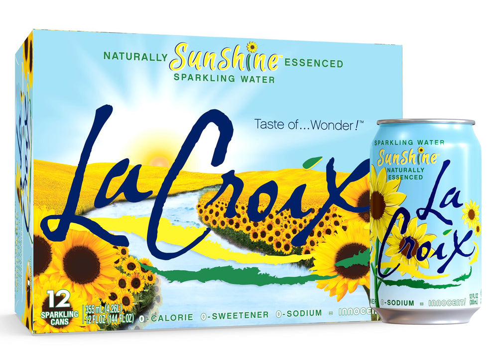 La Croix Sunshine can close-up, refreshing citrus aroma for on-the-go hydration.
