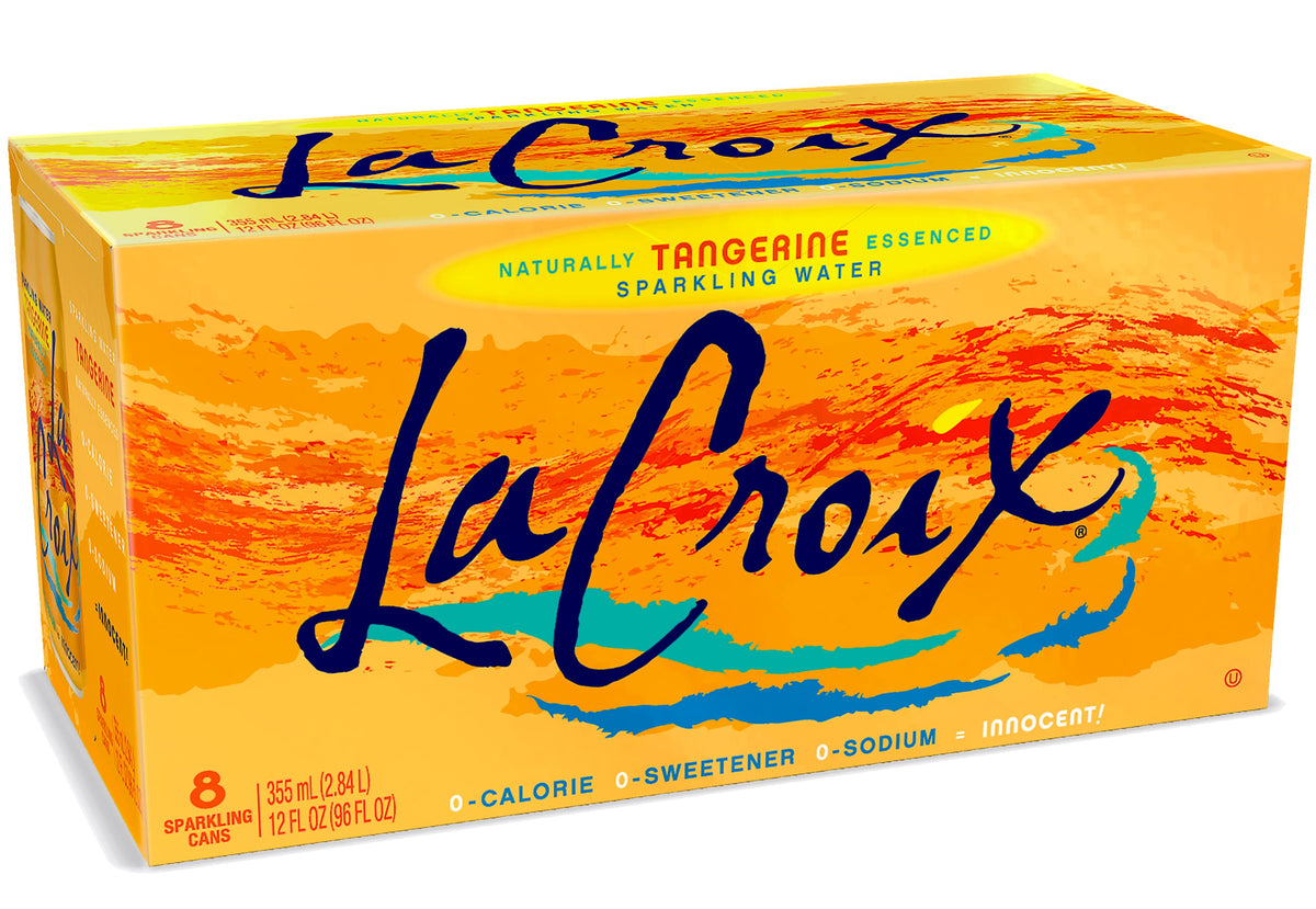 La Croix Tangerine bottle pouring into a glass, refreshing citrus aroma ready to sip