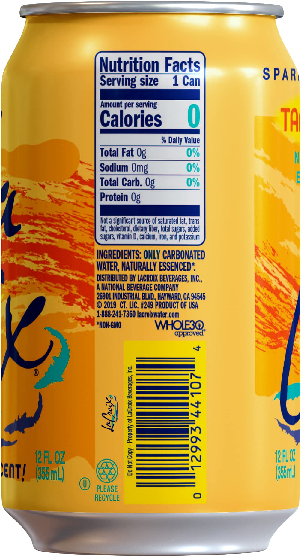 La Croix Tangerine can on shelf offers zero-calorie hydration with vibrant flavor