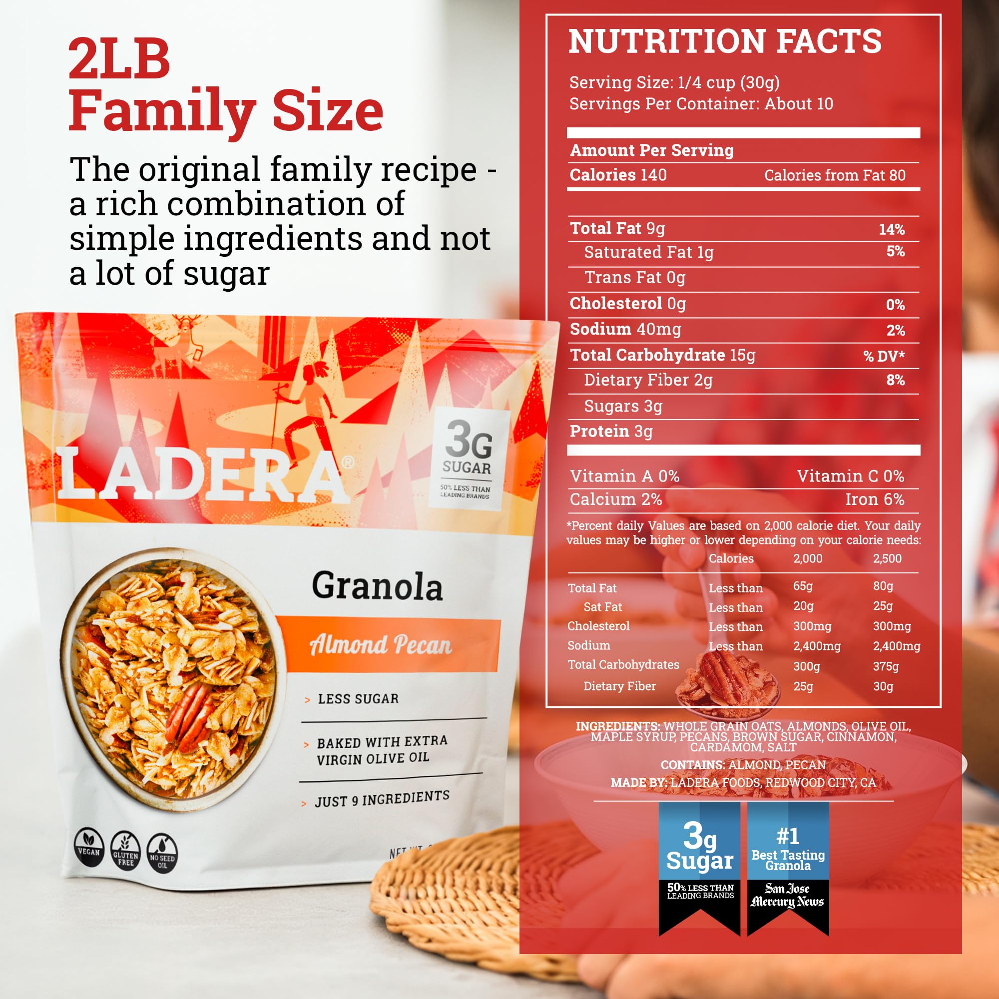 LADERA granola in a bowl with milk showing a satisfying breakfast