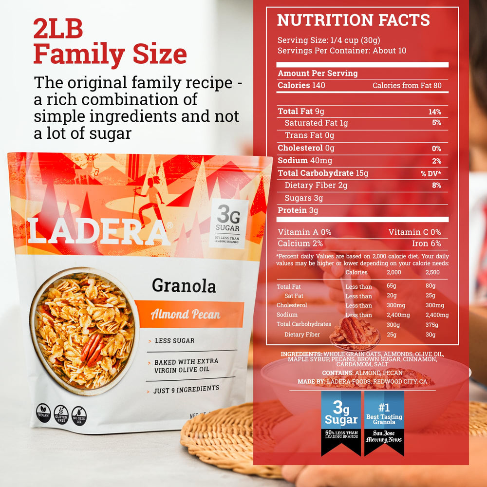 LADERA granola in a bowl with milk showing a satisfying breakfast