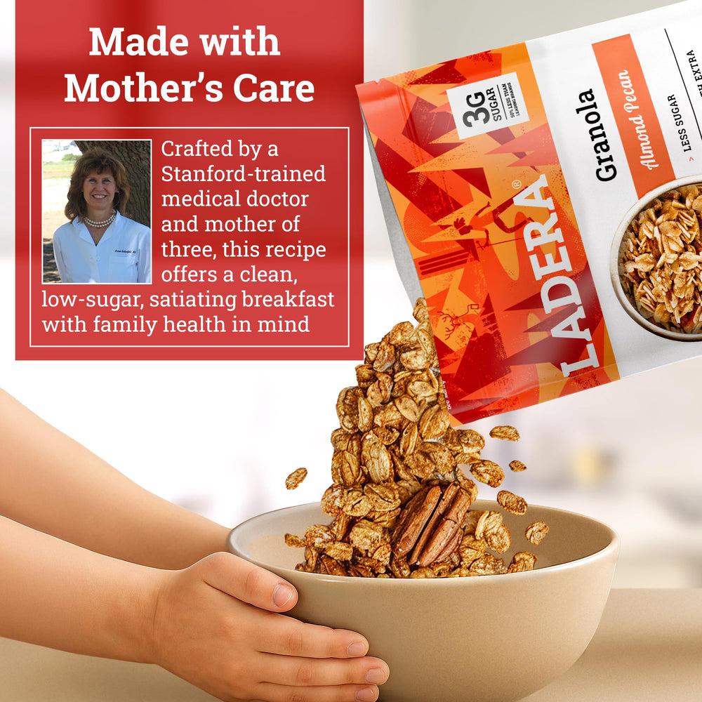 Pouring LADERA granola over yogurt illustrates versatile serving options