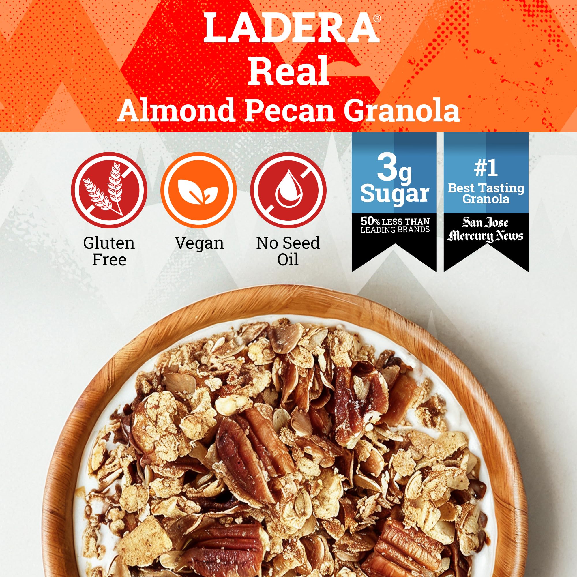 LADERA Almond Pecan Granola tub front label; clean ingredients highlighted.