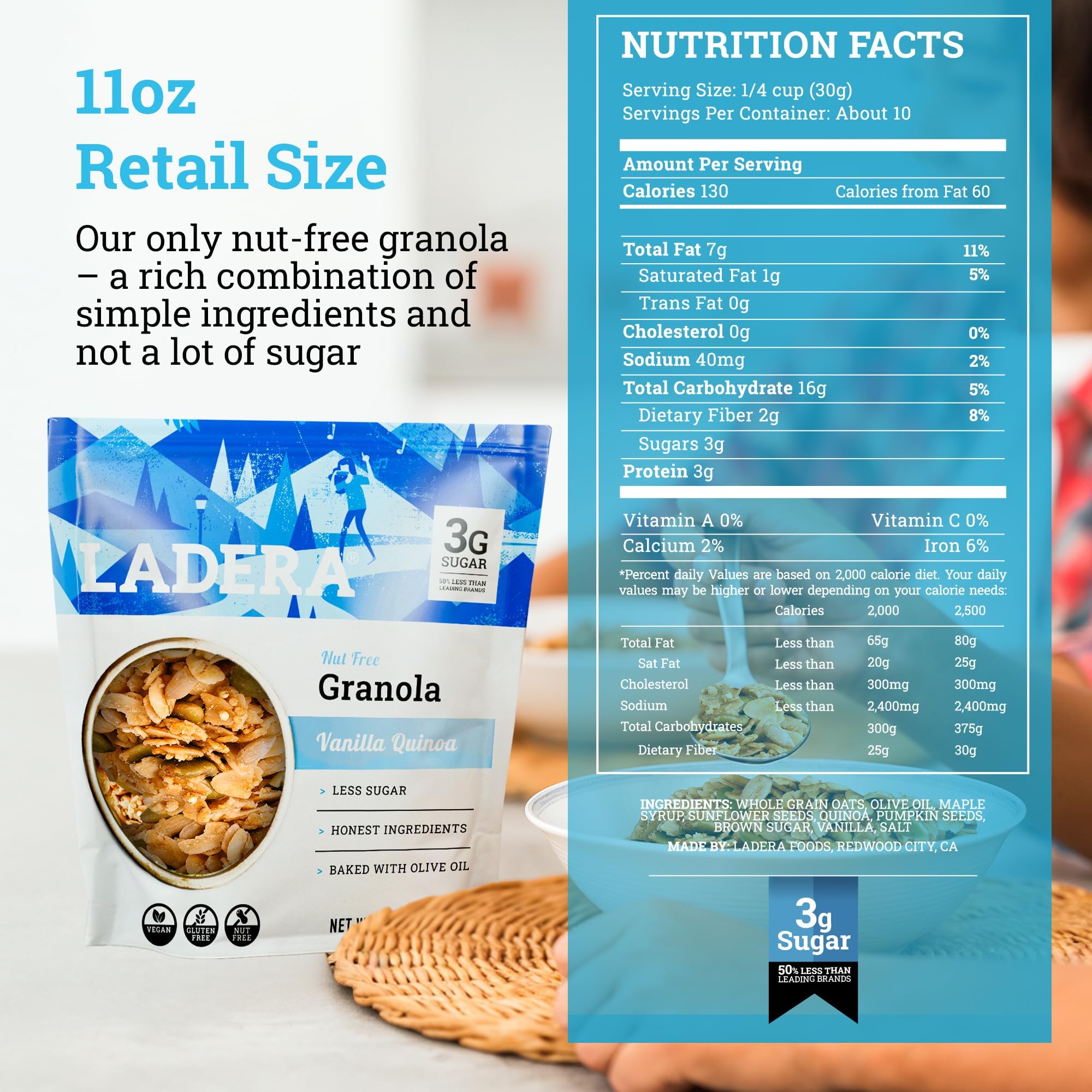 Ladera Vanilla Quinoa Granola bowl with milk shows protein-rich morning cereal.
