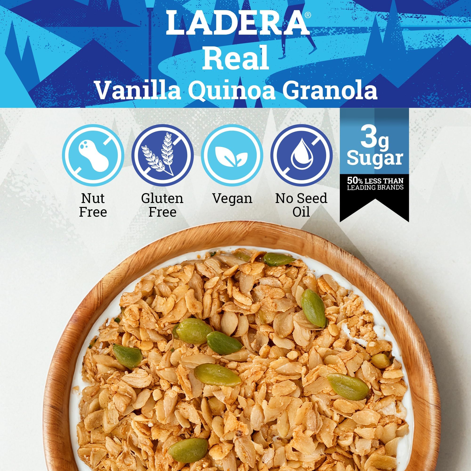 Ladera Vanilla Quinoa Granola ingredients close-up shows a nine-ingredient recipe.