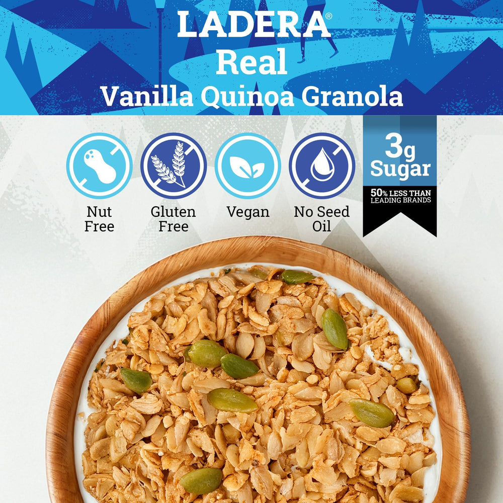 Ladera Vanilla Quinoa Granola ingredients close-up shows a nine-ingredient recipe.