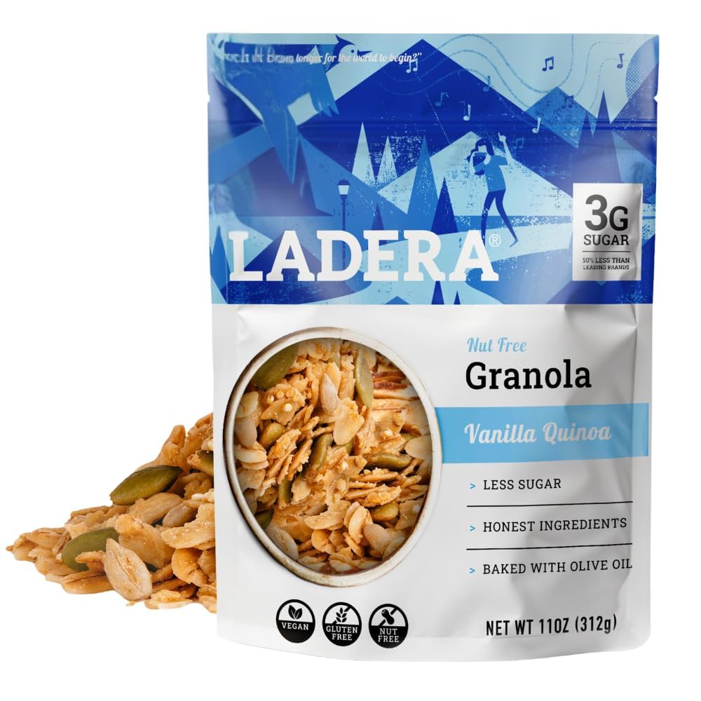 Ladera Vanilla Quinoa Granola pack shot highlights nut-free breakfast option.