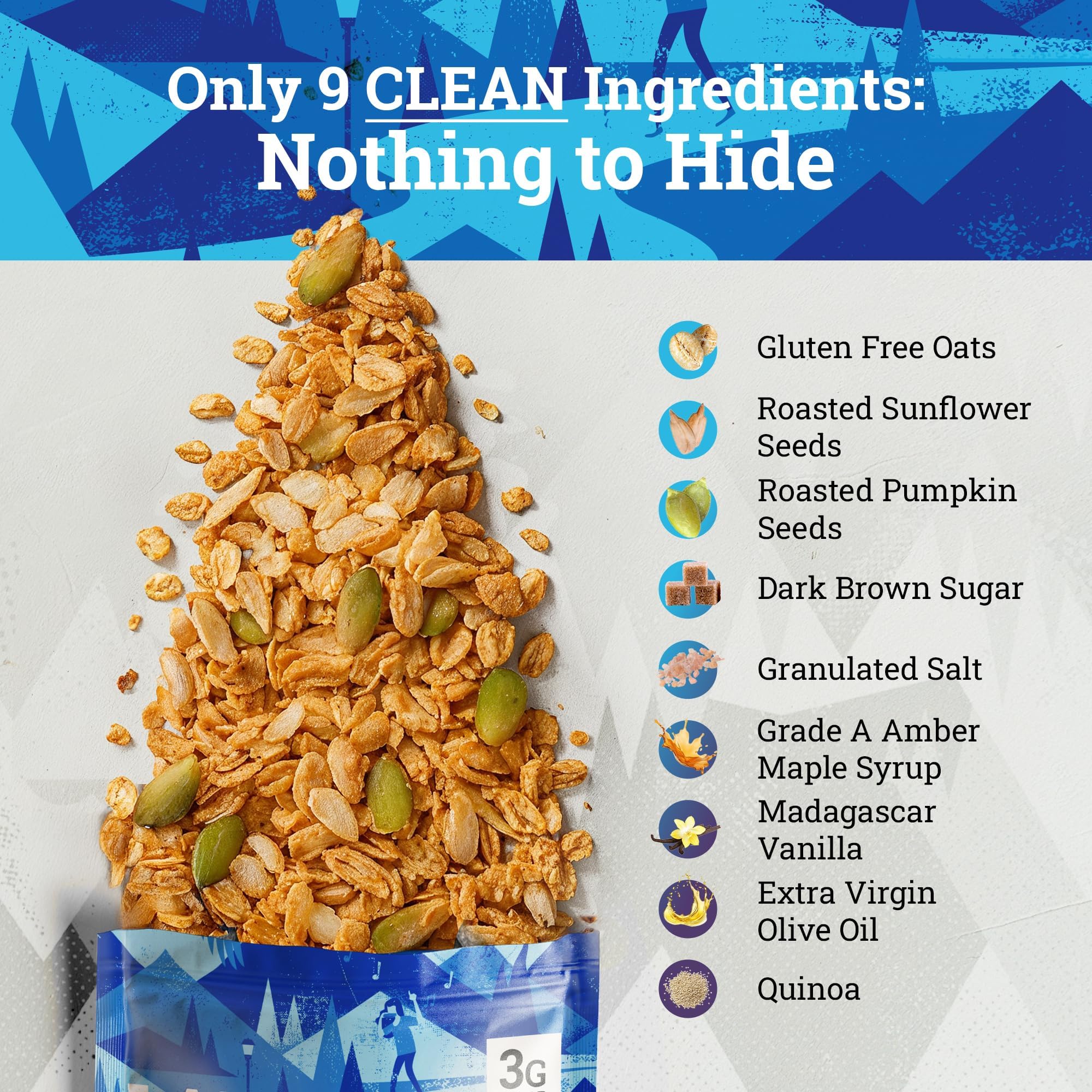 Ladera Vanilla Quinoa Granola packaging with scoop emphasizes convenient, nutritious mornings.