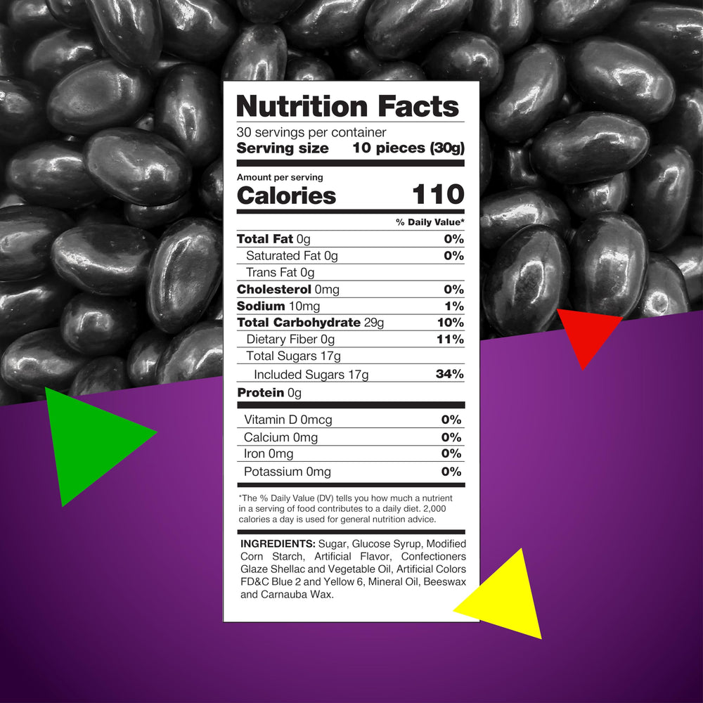 Closeup of LAETAFOOD black licorice jelly beans highlighting glossy shells.