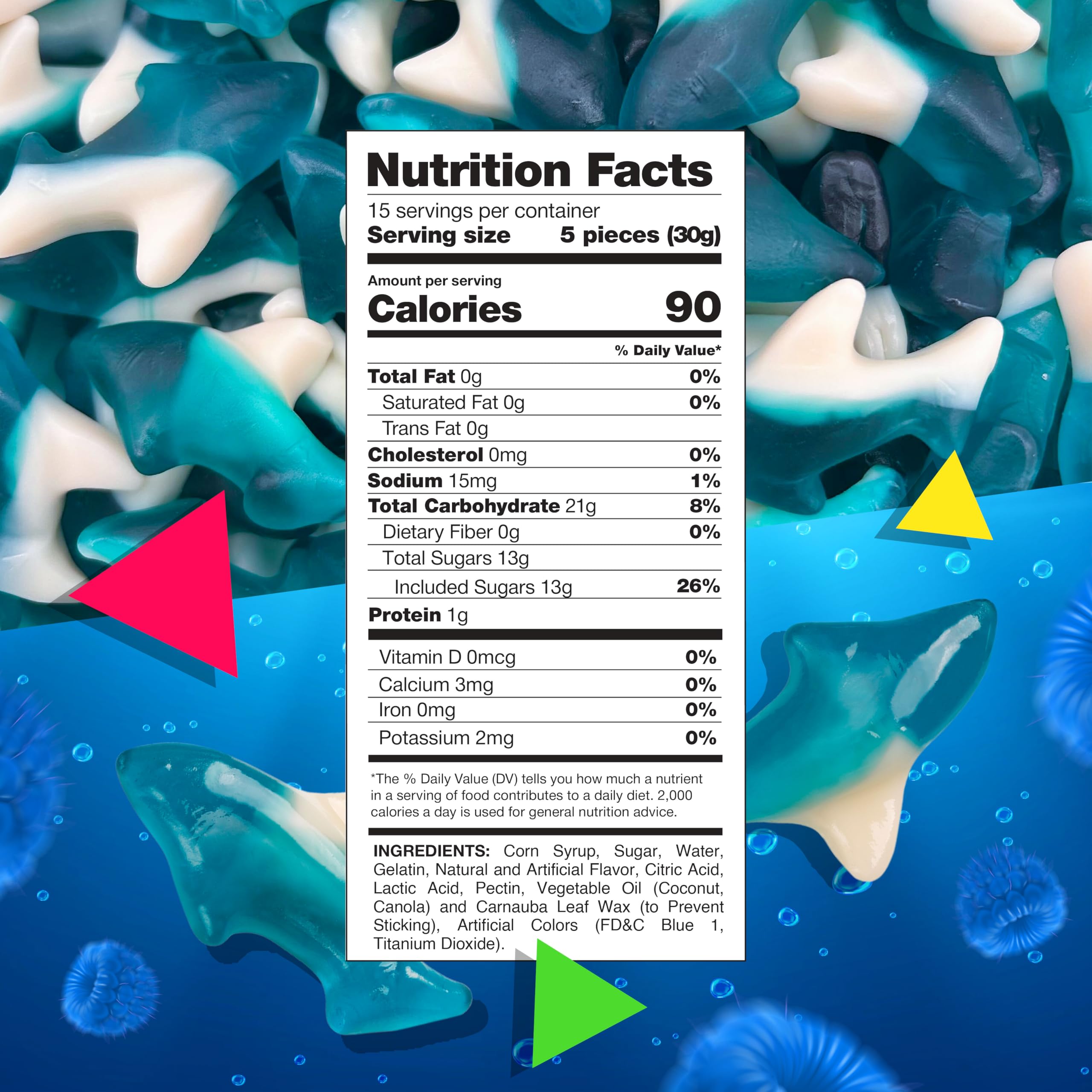 Laetafood Blue Sharks gummy close-up highlighting blue raspberry flavor.