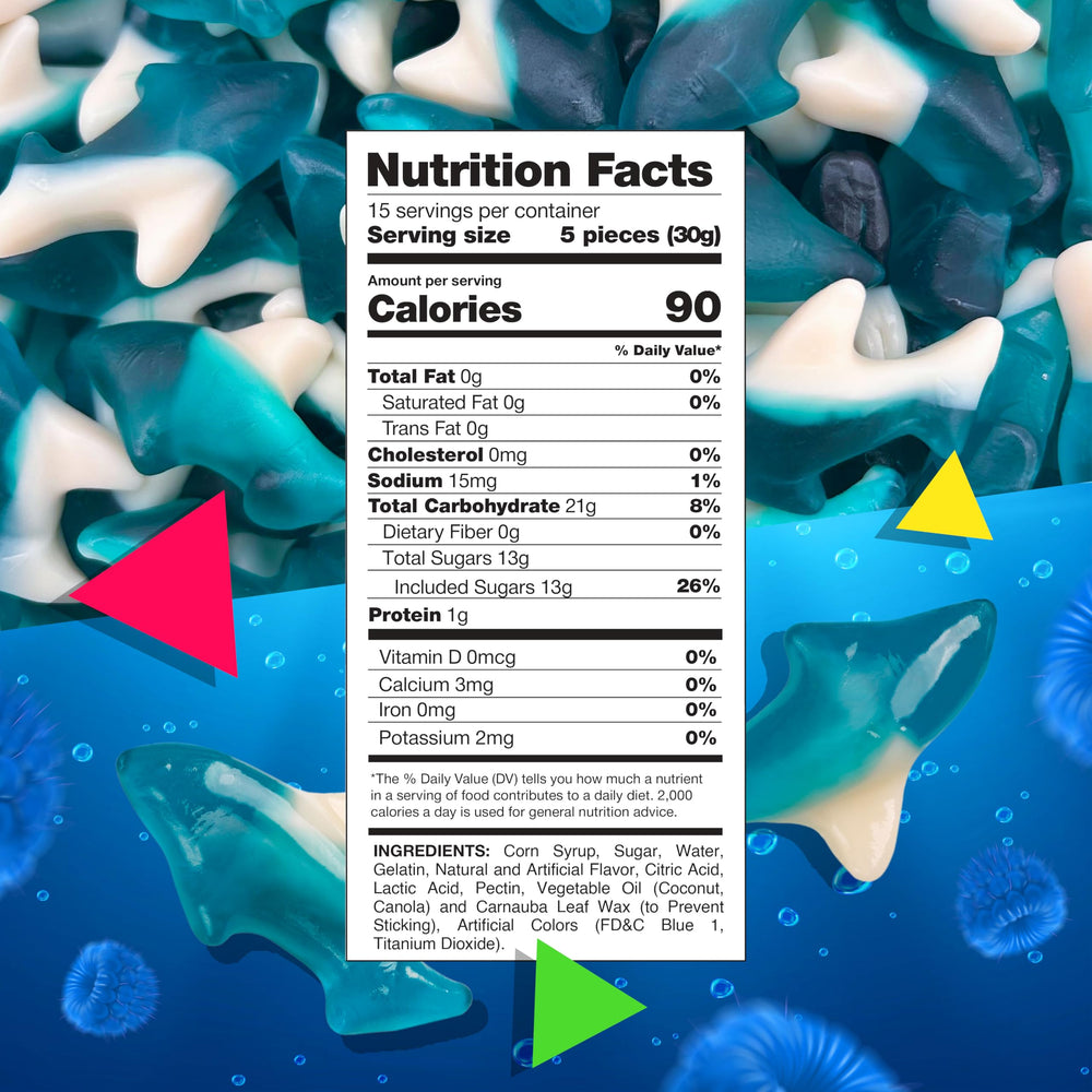 Laetafood Blue Sharks gummy close-up highlighting blue raspberry flavor.