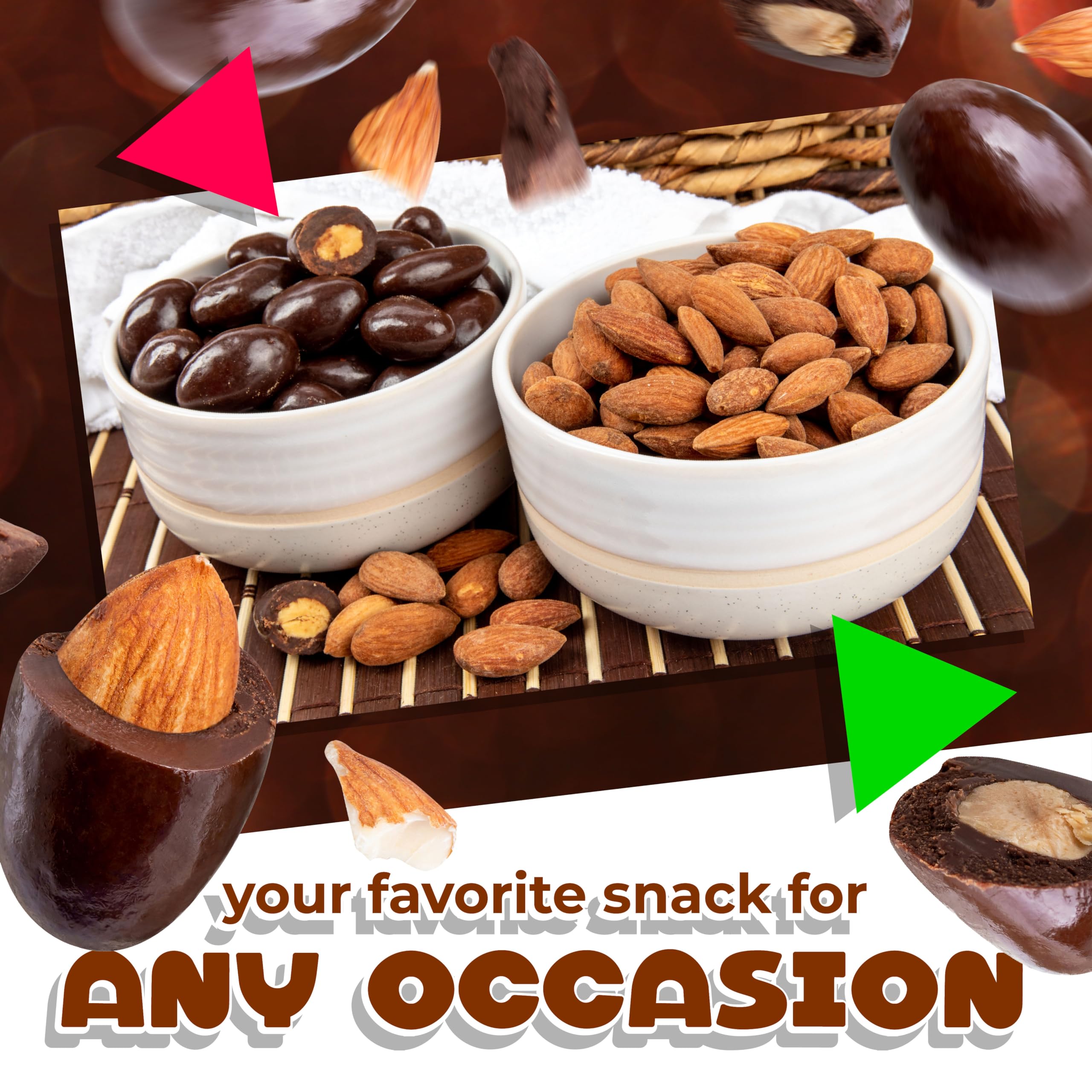 LAETAFOOD dark chocolate almonds arranged on cheese boards for upscale grazing.