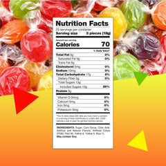 Close-up of LAETAFOOD fruit hard candy discs in bright mix.