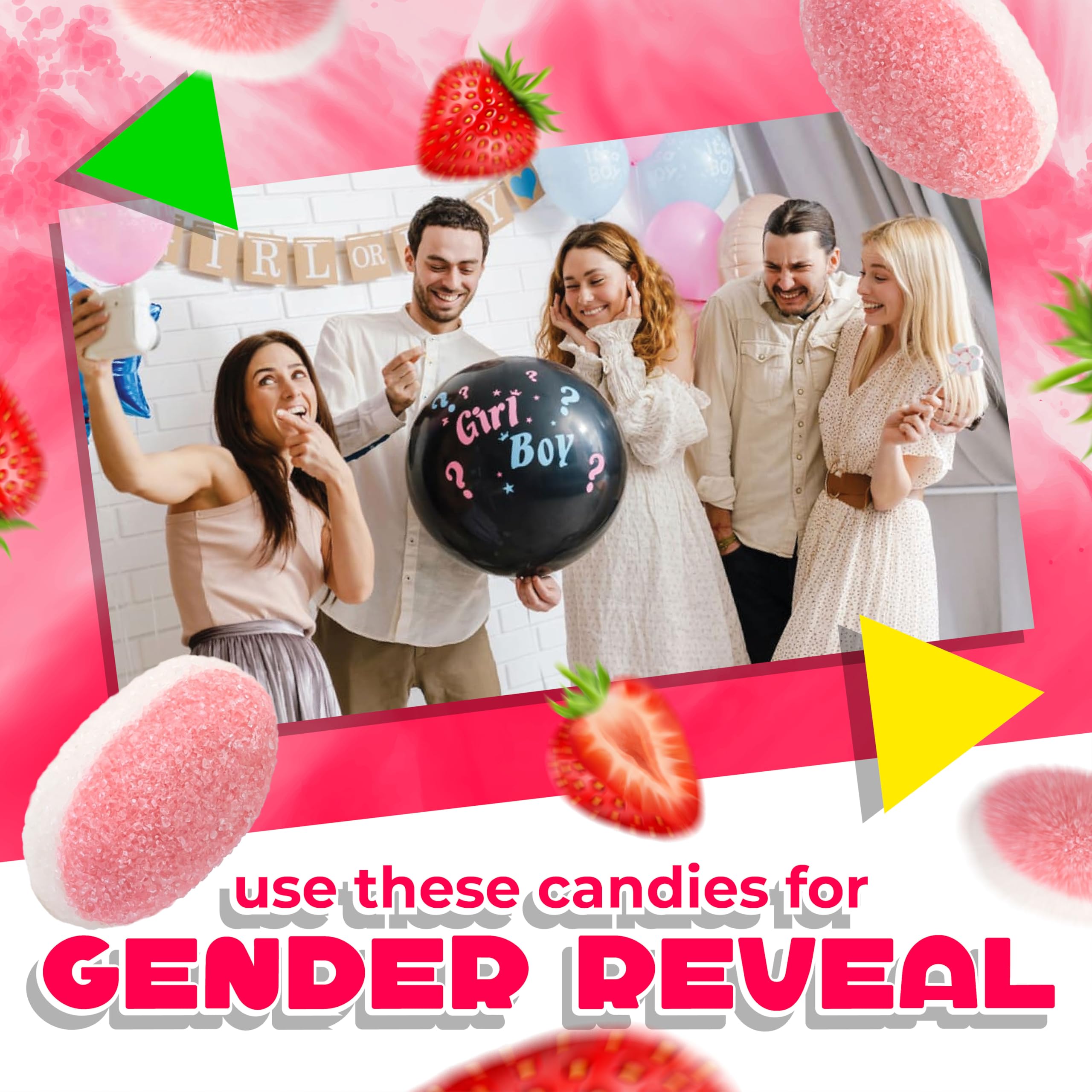 LAETAFOOD pastel gender reveal dessert table featuring strawberry gummies