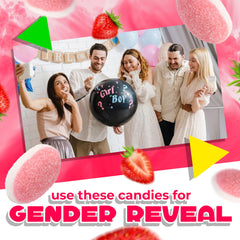 LAETAFOOD pastel gender reveal dessert table featuring strawberry gummies