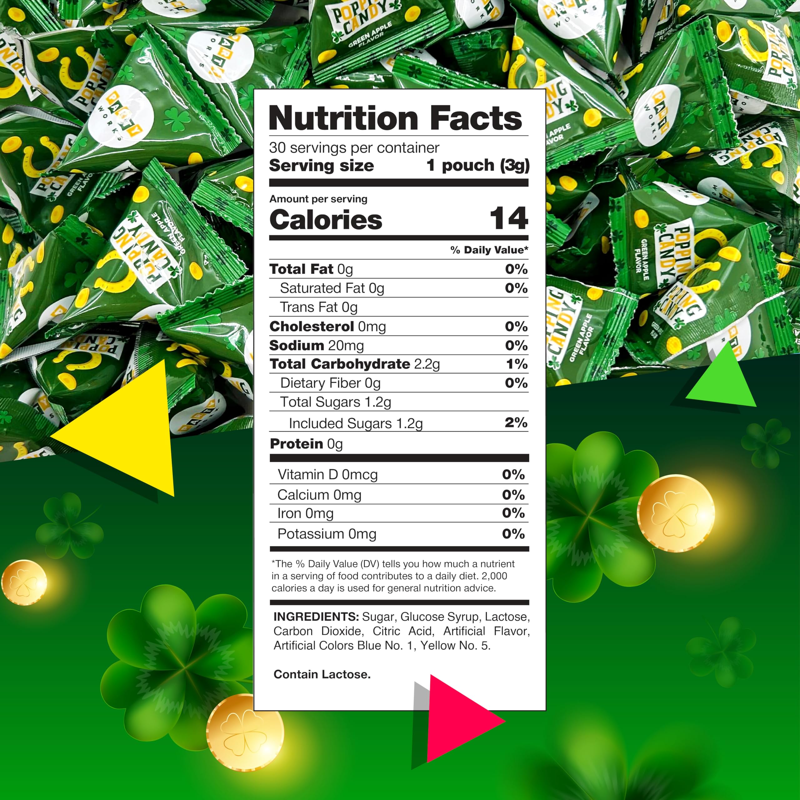 LAETAFOOD Green apple popping candy close-up highlighting crackling texture.