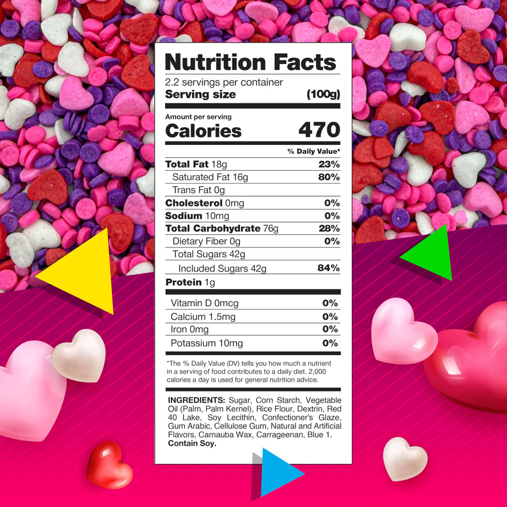 LAETAFOOD Heart Sprinkles on cupcakes showcase vibrant heart colors.