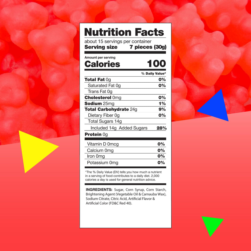LAETAFOOD JuJu Bears red gummies close-up with fiery bite, perfect for playful dessert toppings.