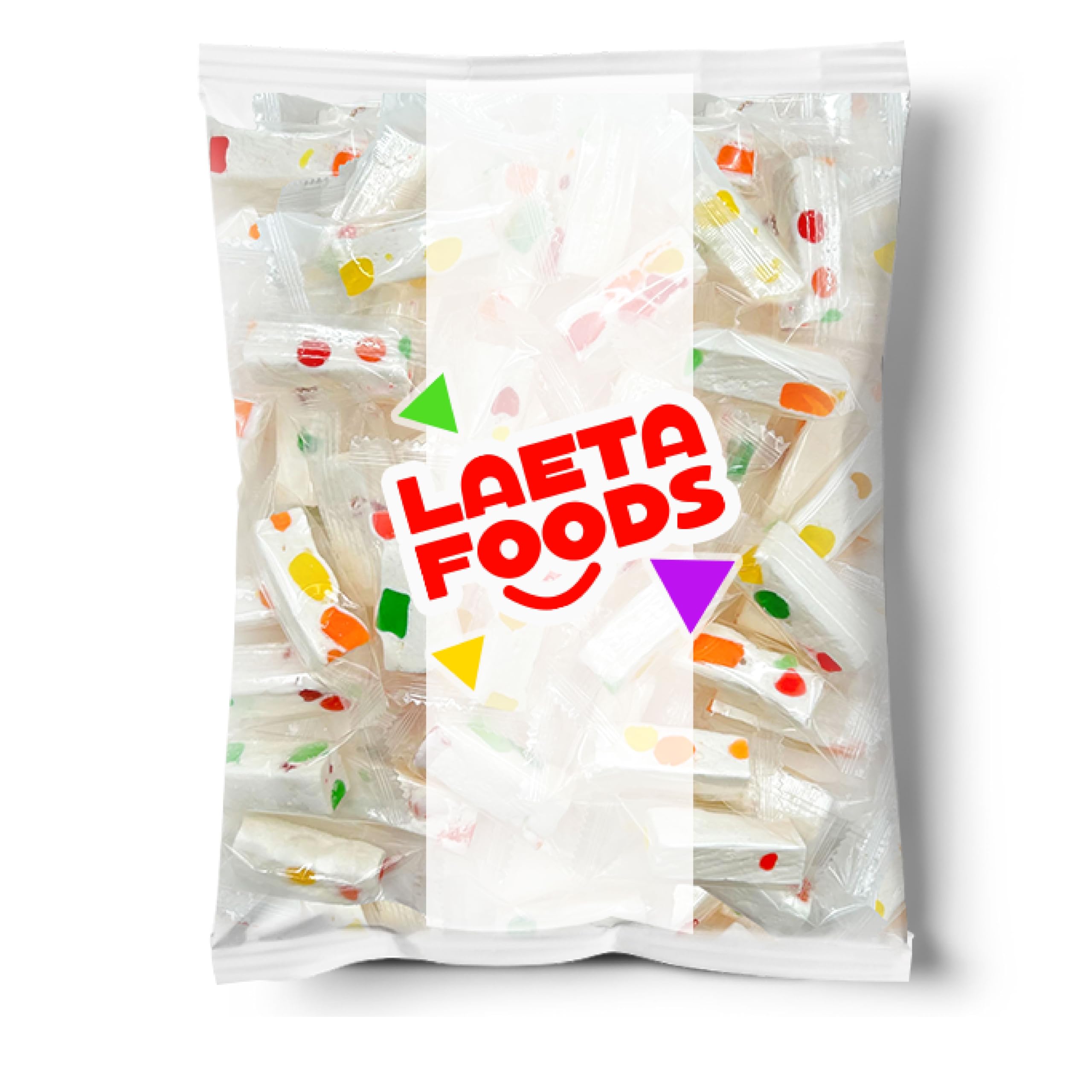 Close-up of chewy nougat and bright jelly bits in LAETAFOOD candy.
