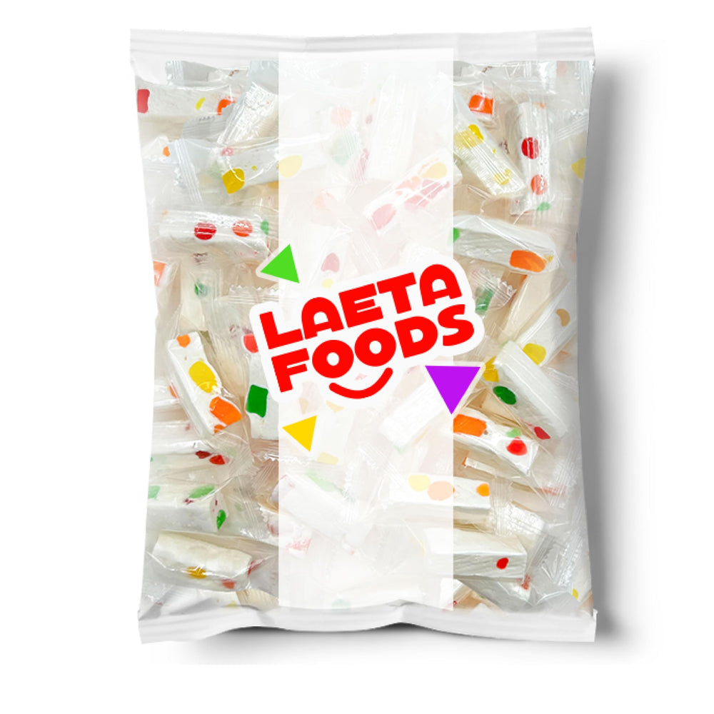 Close-up of chewy nougat and bright jelly bits in LAETAFOOD candy.