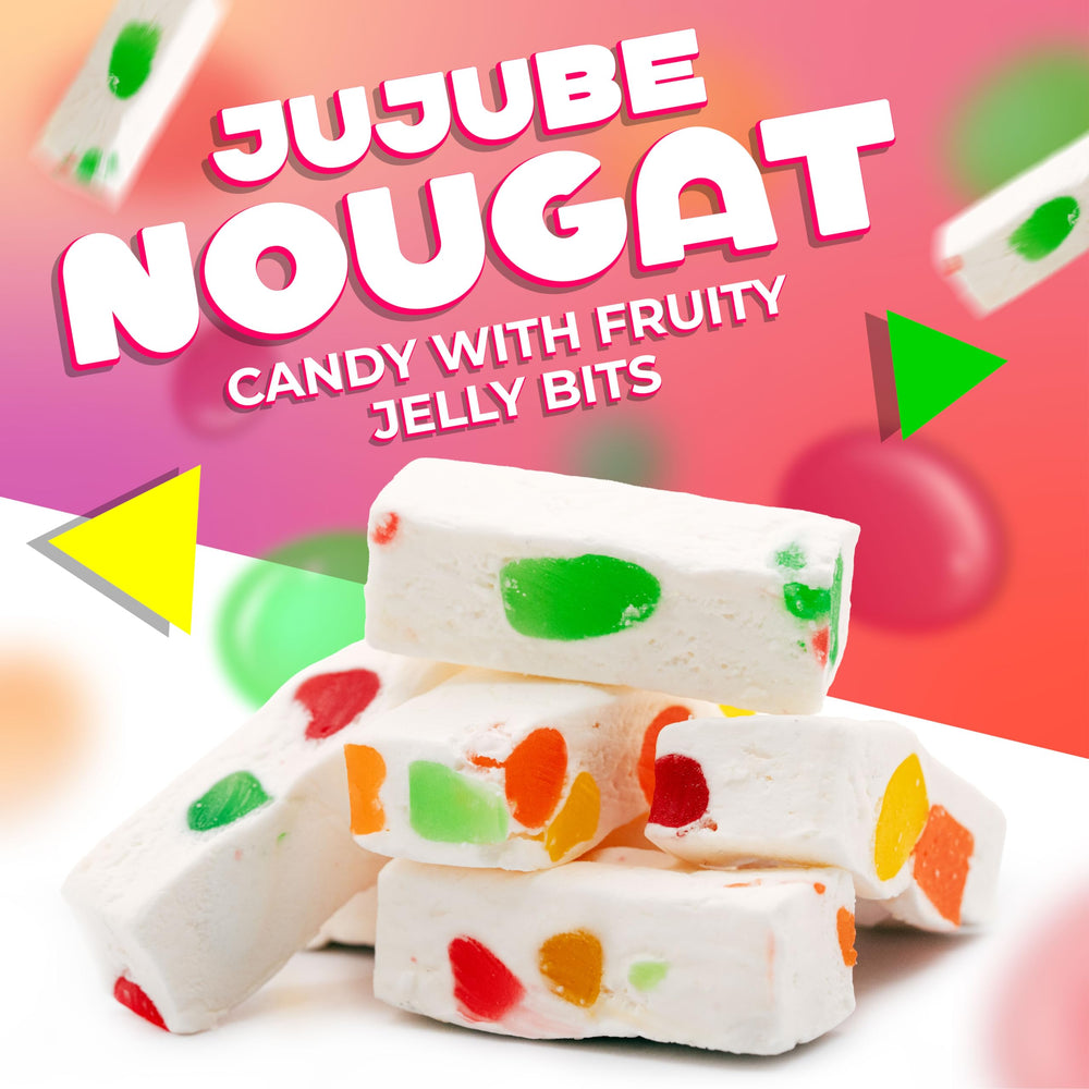 Colorful fruity jelly bits highlight flavors in LAETAFOOD Jujube Nougat Candy.