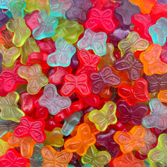 LAETAFOOD Mini Gummy Butterflies in bag showcase mixed fruit flavors for snacking.