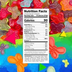 LAETAFOOD Mini Gummy Butterflies close-up reveals vibrant colors and glossy texture for kids parties.