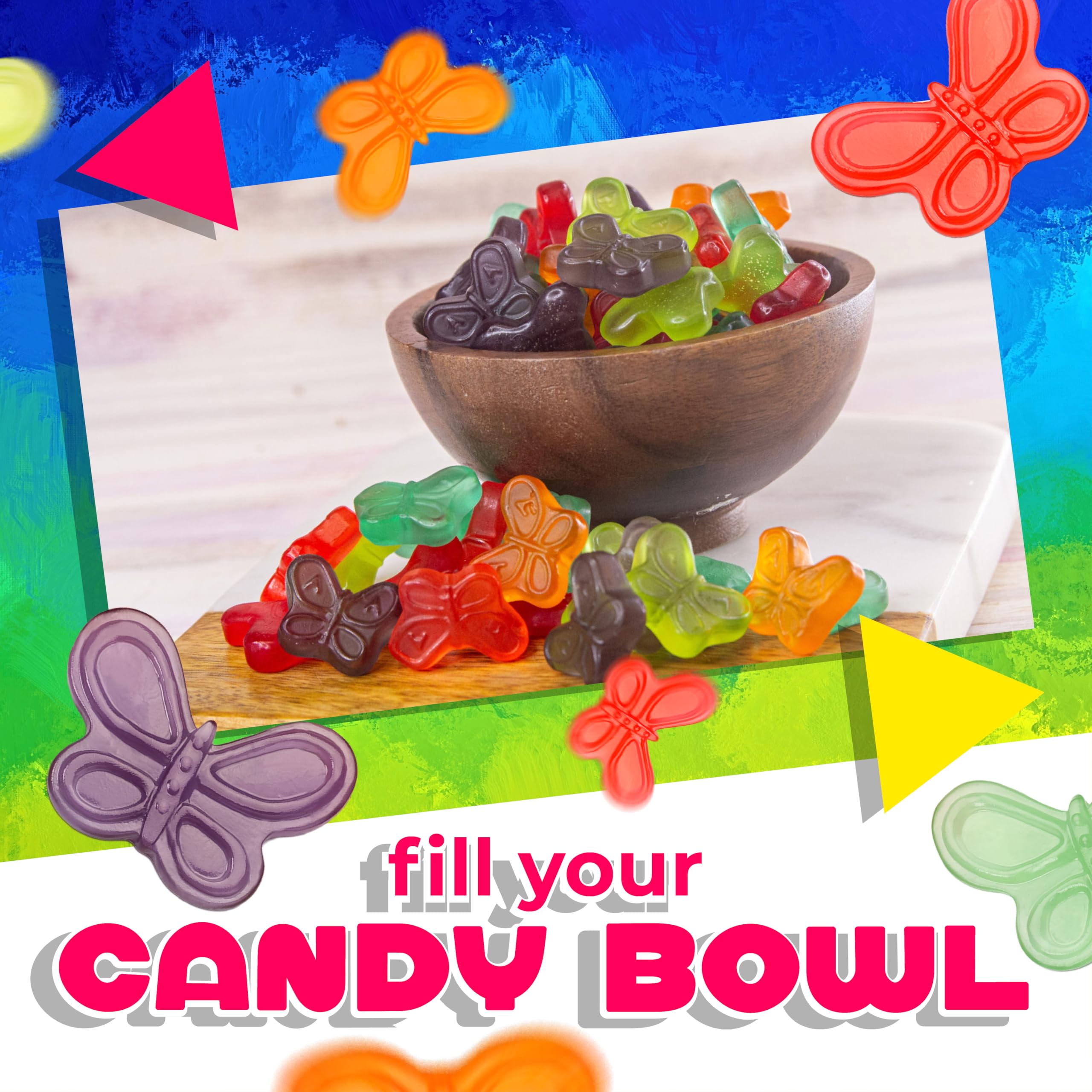 LAETAFOOD Mini Gummy Butterflies displayed on a party table brighten celebrations.