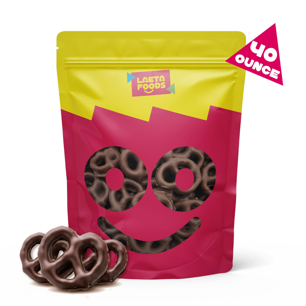 LAETAFOOD pretzels with mildly sweet dark chocolate closeup, glossy coating.