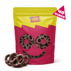 LAETAFOOD pretzels with mildly sweet dark chocolate closeup, glossy coating.