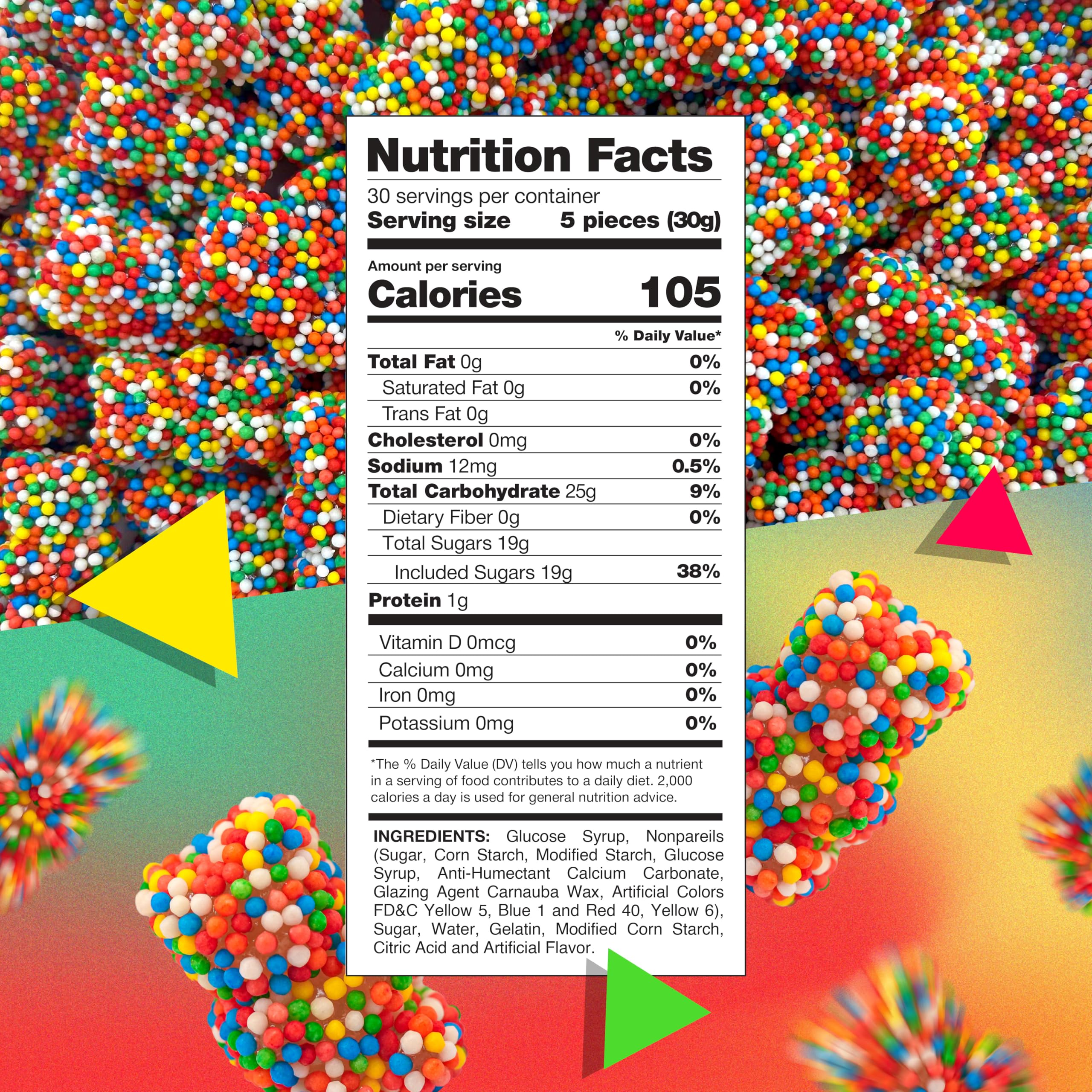 LAETAFOOD Rainbow Nonpareils Bears close-up shows crunchy rainbow coating