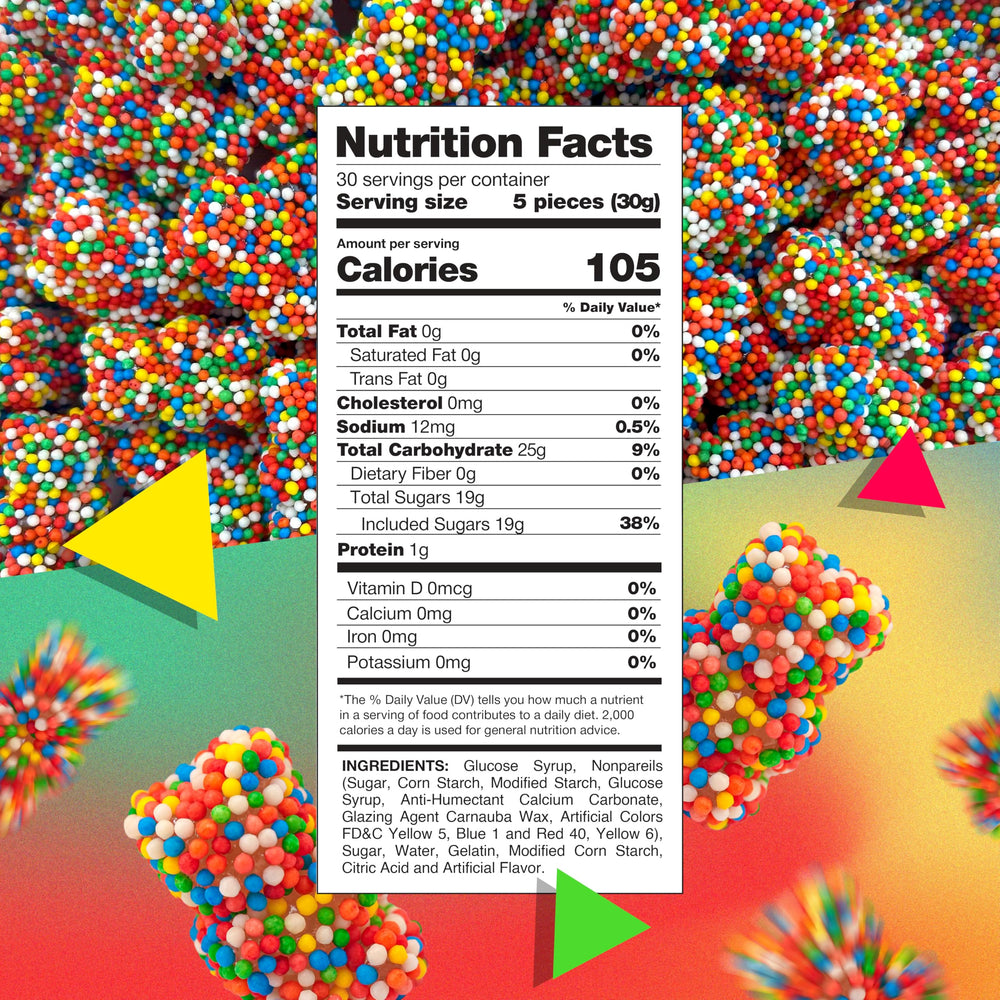 LAETAFOOD Rainbow Nonpareils Bears close-up shows crunchy rainbow coating