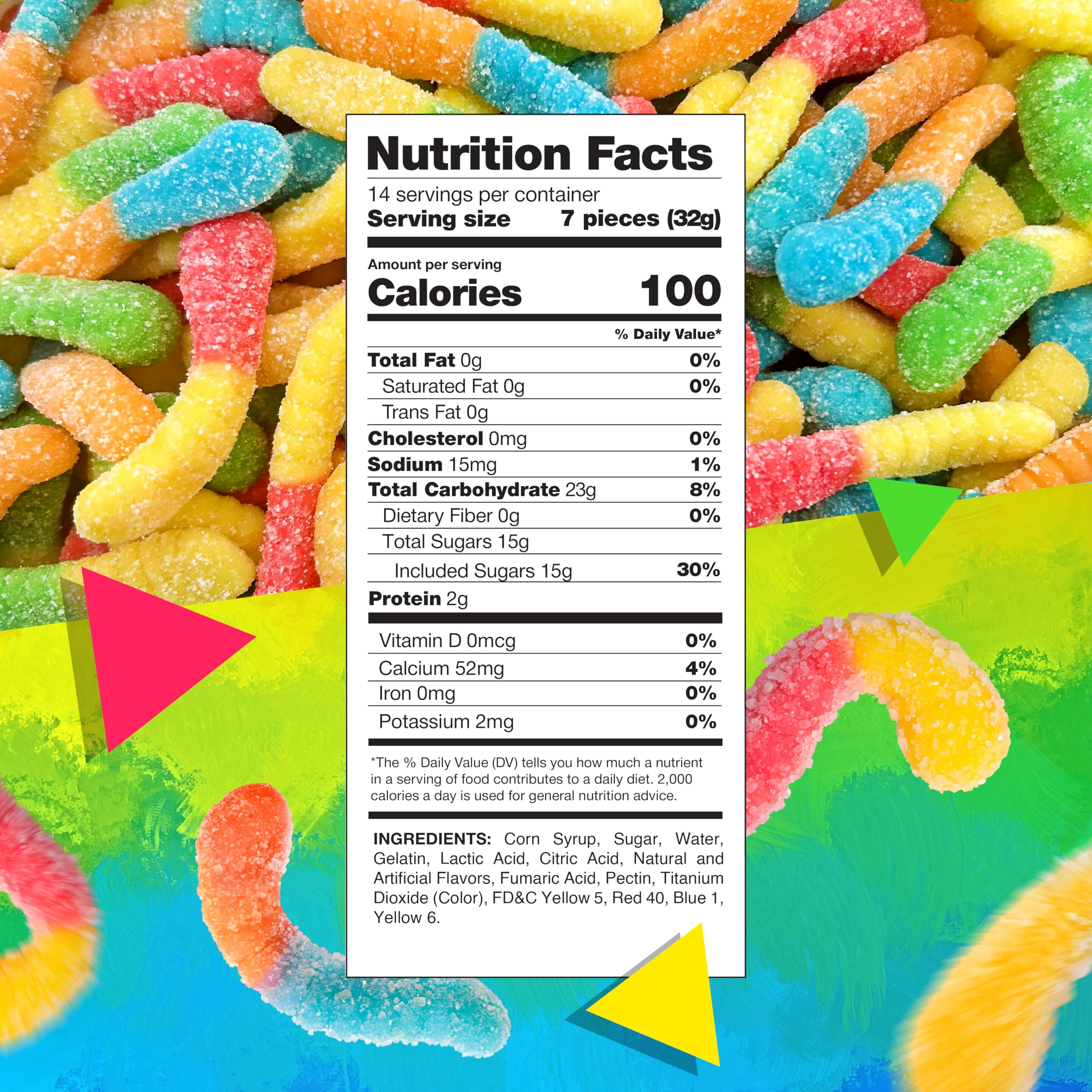Close-up of LAETAFOOD Sour Neon Gummy Worms show bright colors.