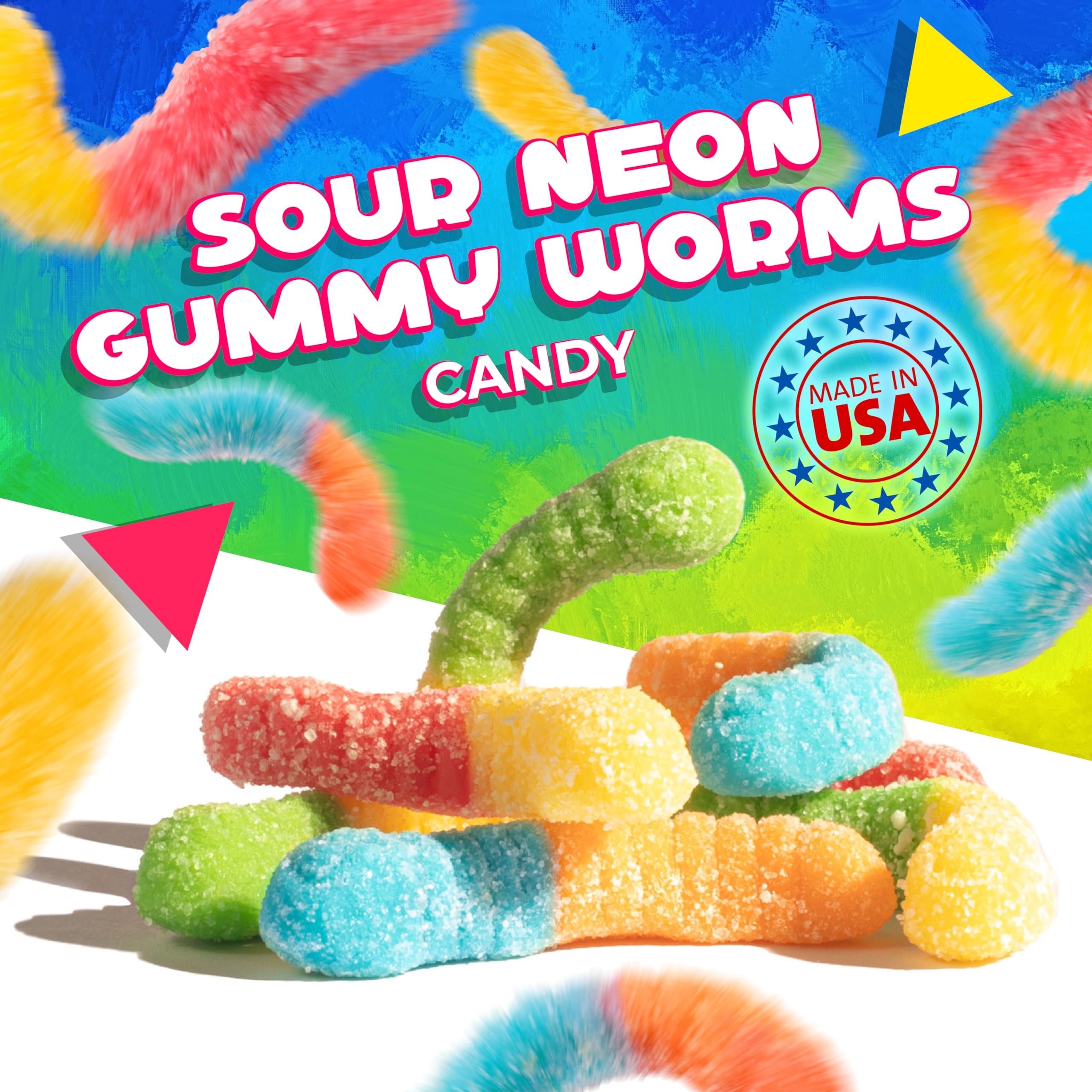 LAETAFOOD neon gummy worms decorate a dessert table with festive color.