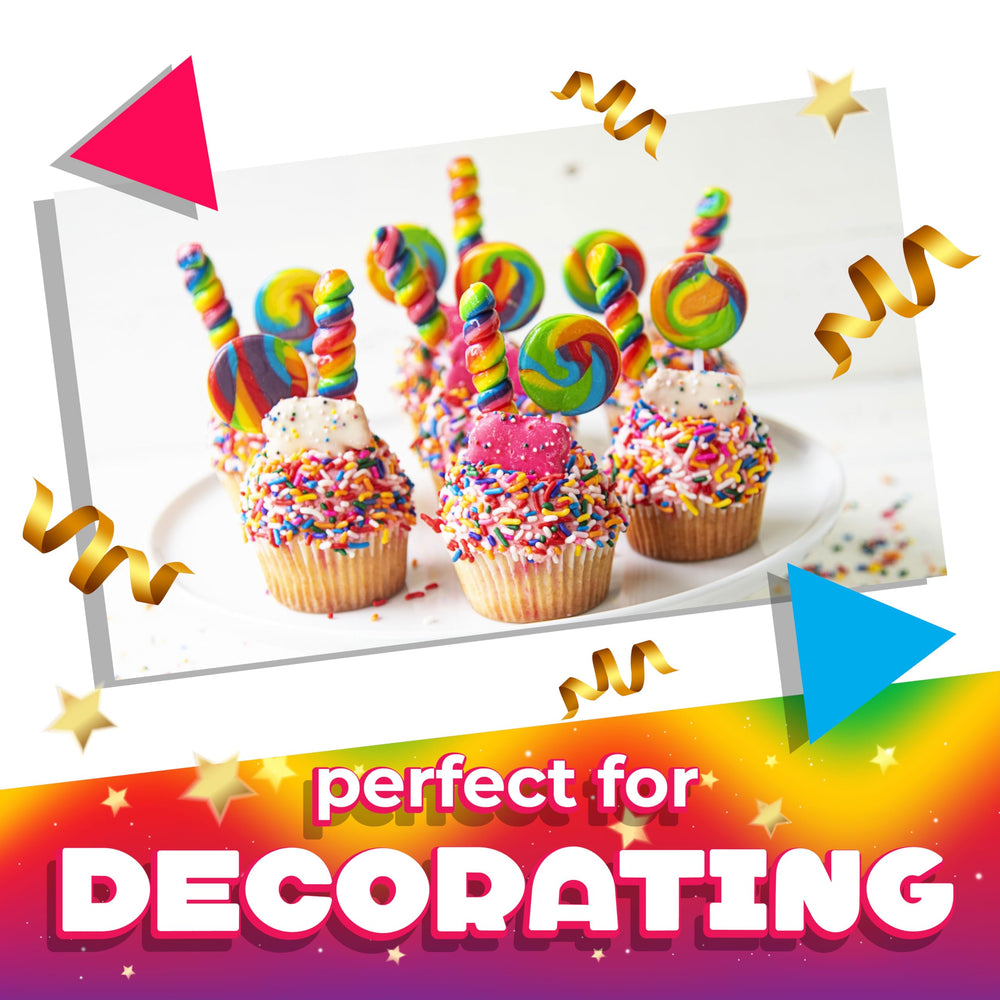 LAETAFOOD Spiral rainbow lollipops serve as eye-catching treats for classrooms.