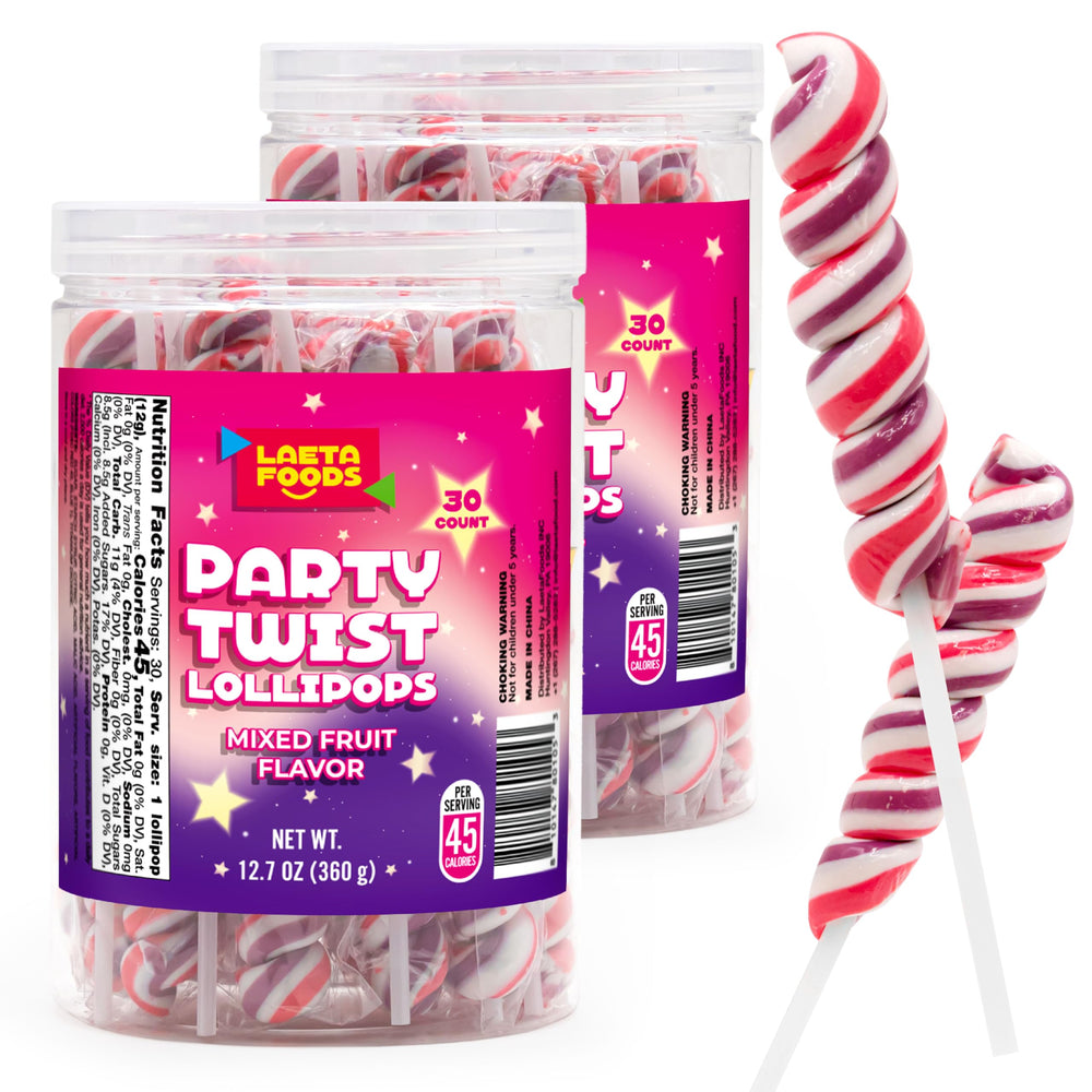 LAETAFOOD Swirl Lollipops two jars display with vibrant pink mixed fruit, ideal party favors.
