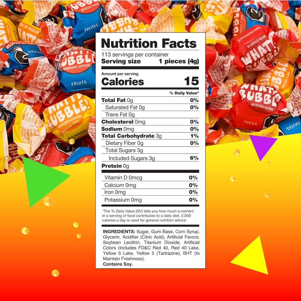 LAETAFOOD Whatta Bubble Gum Pack flavor variety display highlights strawberry, banana, and fruit flavors.