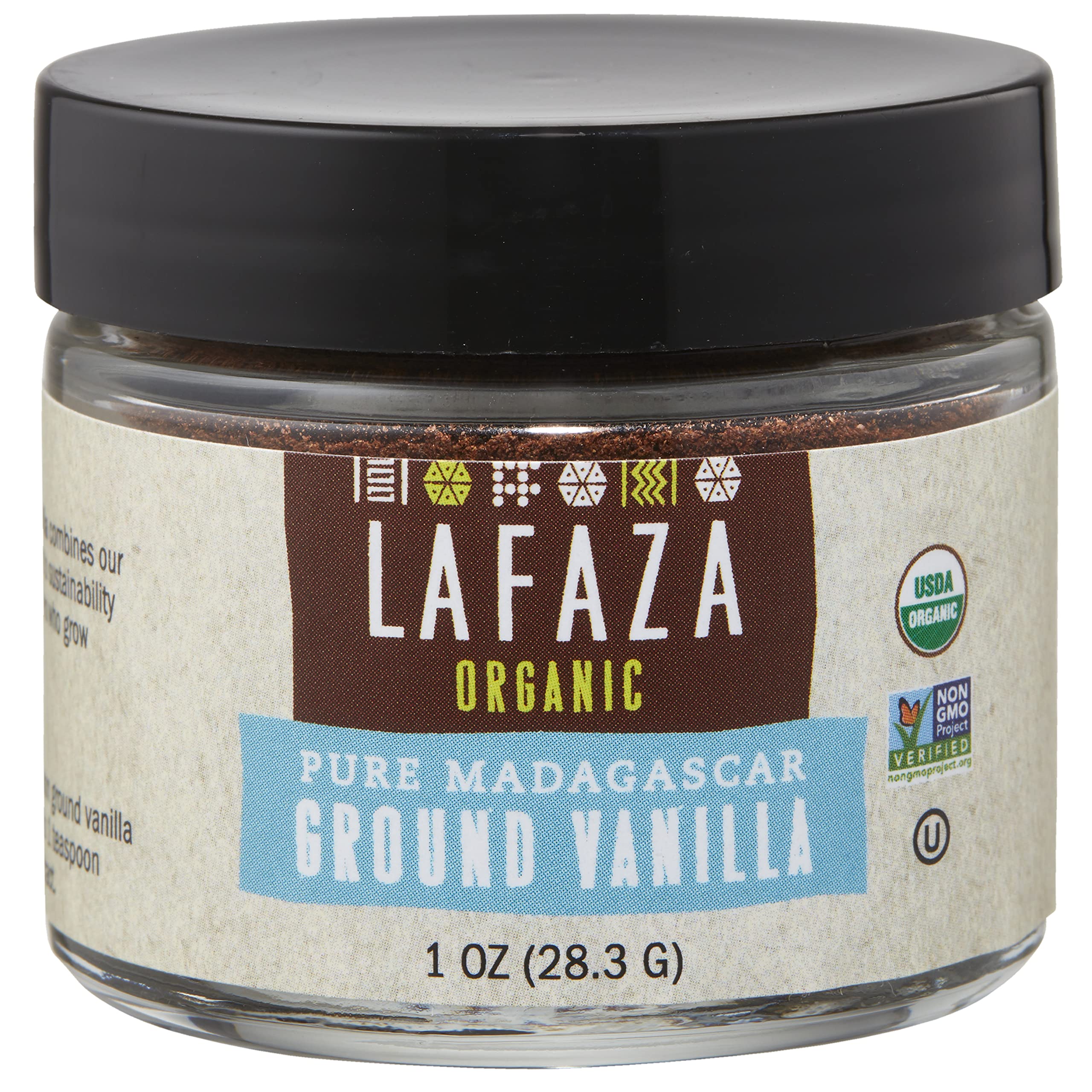 LAFAZA vanilla powder bottle shows pure Madagascar vanilla for versatile baking.